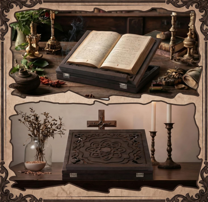 Vintage Carved Wooden Religious Book Stand Image 2
