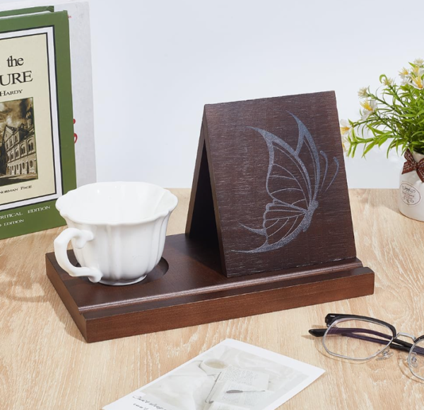 Butterfly Print Wooden Book Holder with Cup Holder