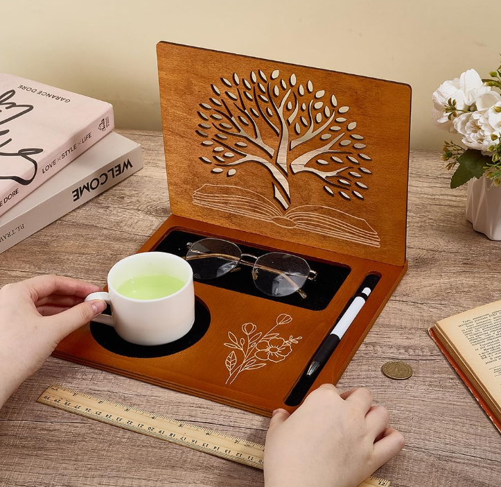 Square Wooden Book Holder with Storage Compartments